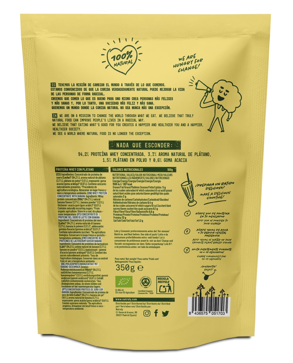 Proteína whey plátano sin azúcares añadidos Natruly 360g | Ecológico 2