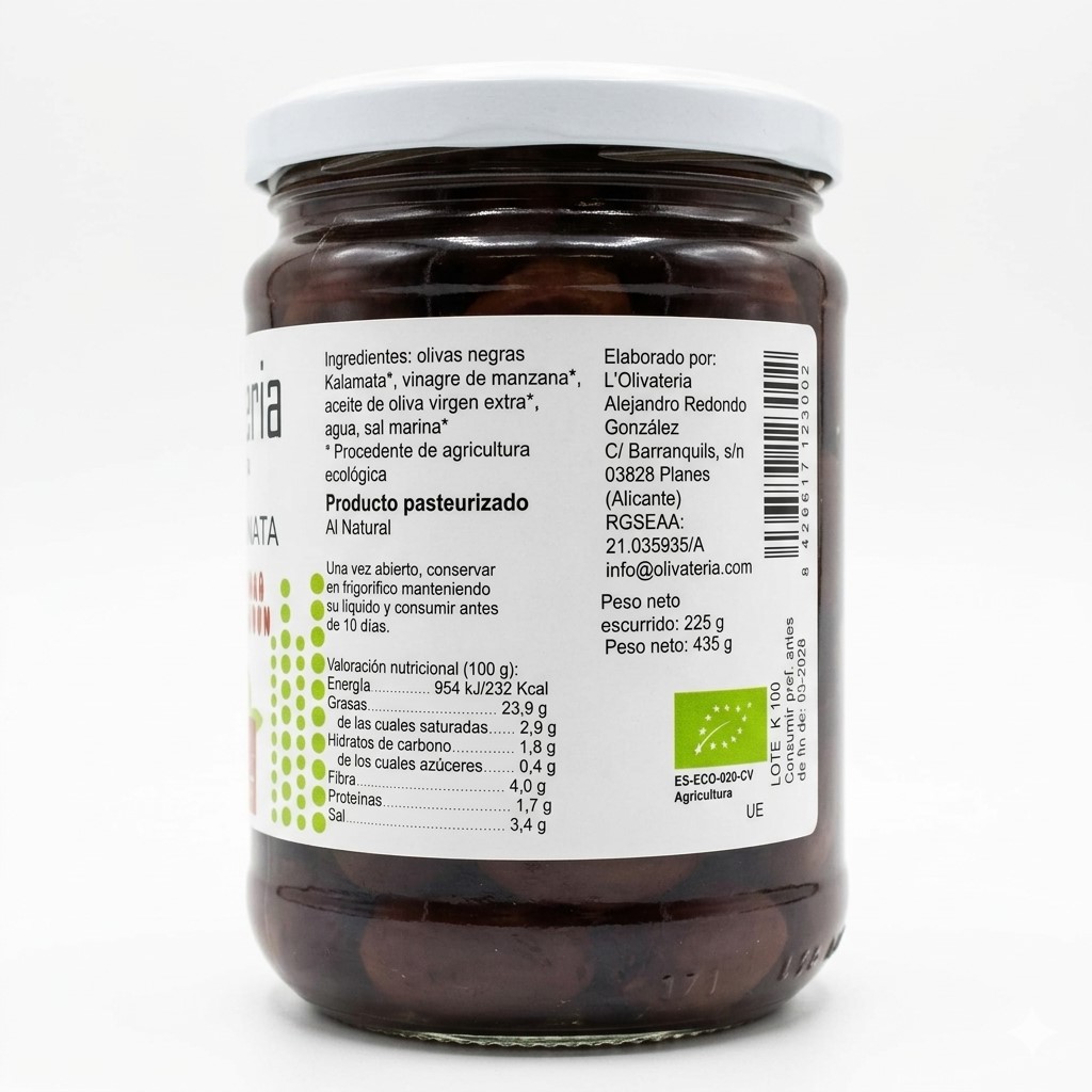 Olivas Kalamata BIO 435g L'olivateria    Aceitunas ecológicas gourmet al natural 2