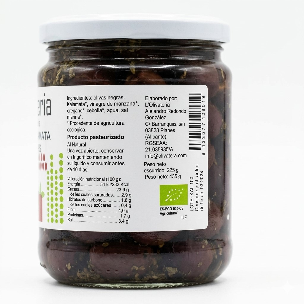 Olivas Kalamata Aliñadas BIO 435g Olivateria 2