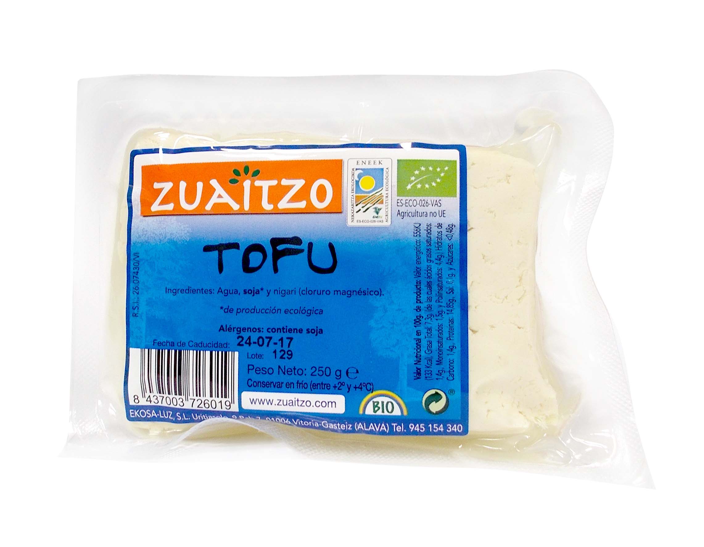 Tofu fresco ecológico 250g Zuaitzo