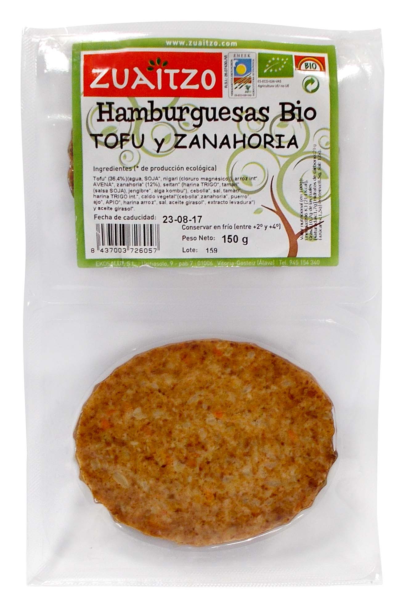Hamburguesa Vegetal de Tofu y Zanahorias ecológica 150g Zuaitzo