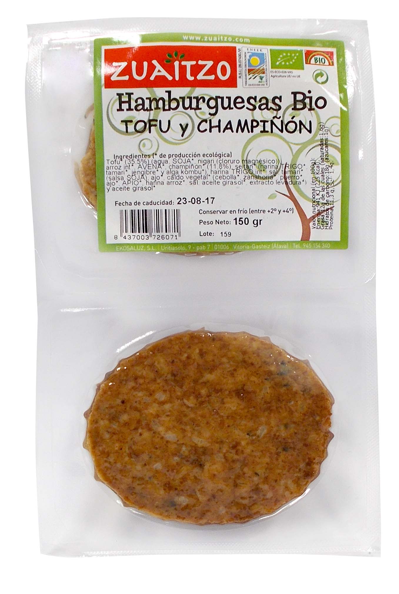 Hamburguesa vegetal de tofu y champiñón ecológica 150g Zuaitzo