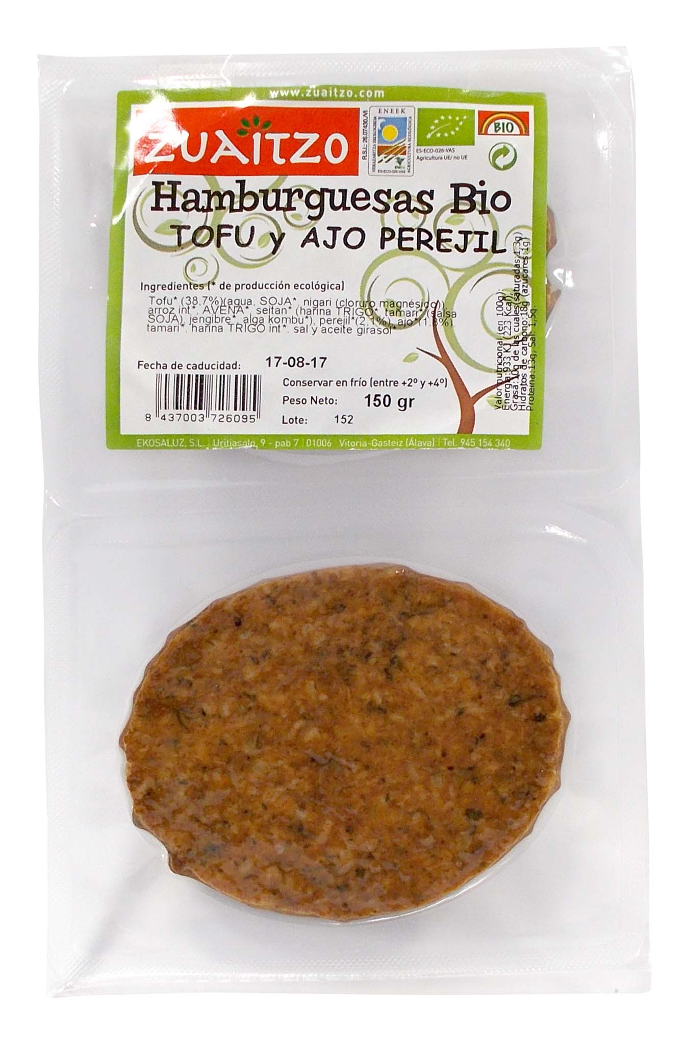 Hamburguesa vegatal de tofu con ajo y perejil ecológico 2x75g Zuaitzo