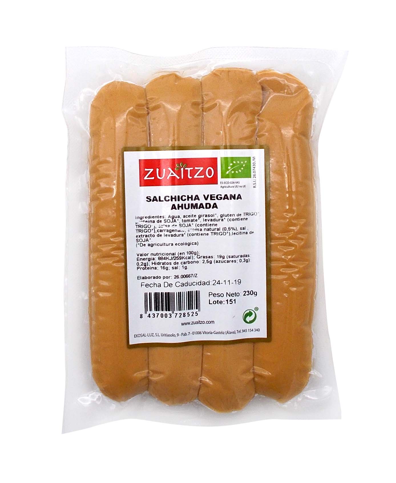 Salchicha vegana ahumada 230g ecológica Zuaitzo (encargo)