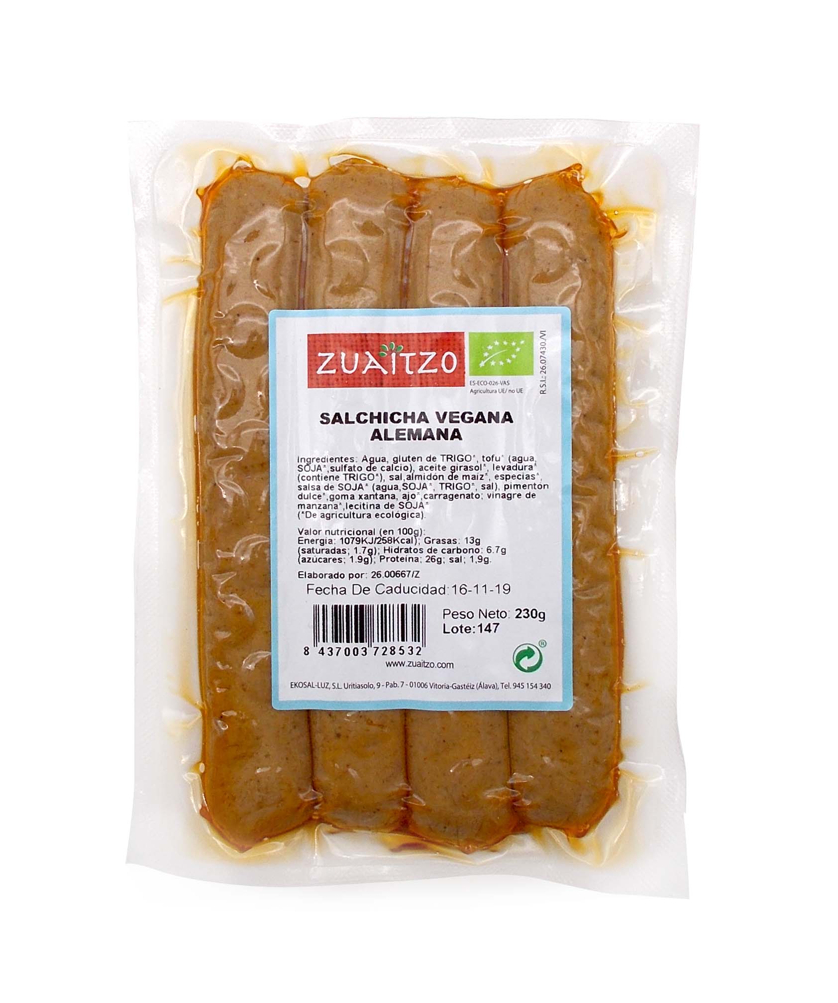 Salchicha vegana alemana 230g ecológica Zuaitzo