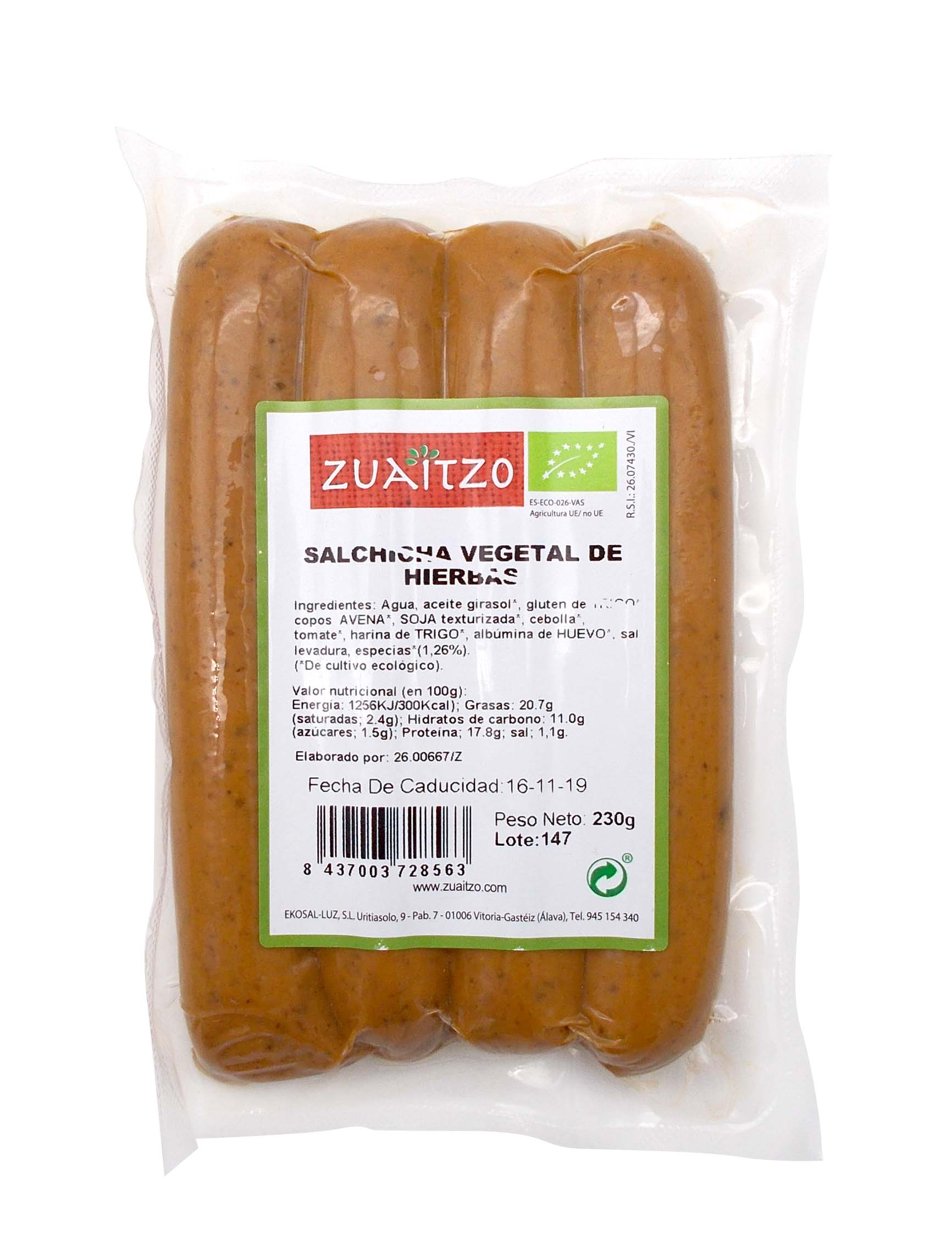 Salchicha vegetal con hierbas 230g ecológica Zuaitzo