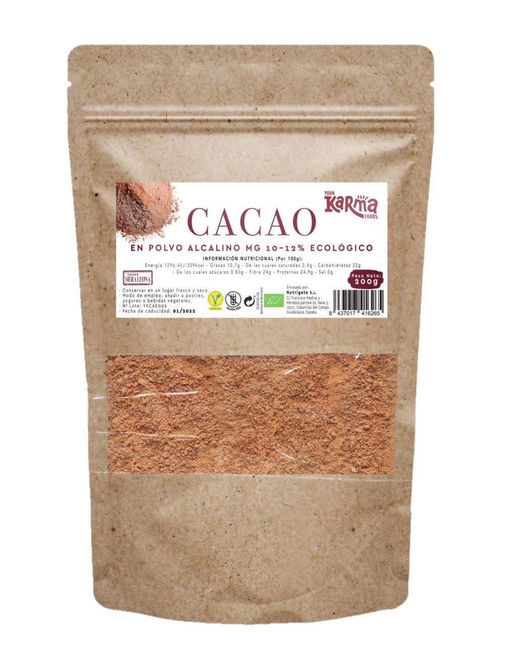 Cacao en polvo alcalino 200g Your Karma Foods ecológico [8435678201695]