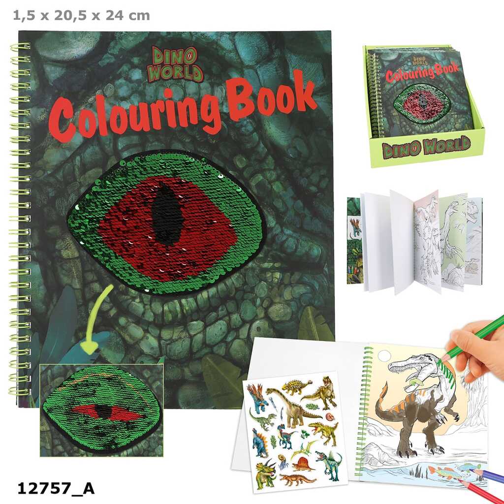 dino world libro colorear con lentejuelas