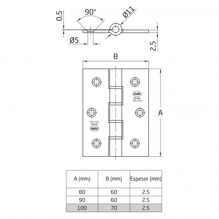 BISAGRA 2088 - 100X70 INOX 18/8 RF.7335 2