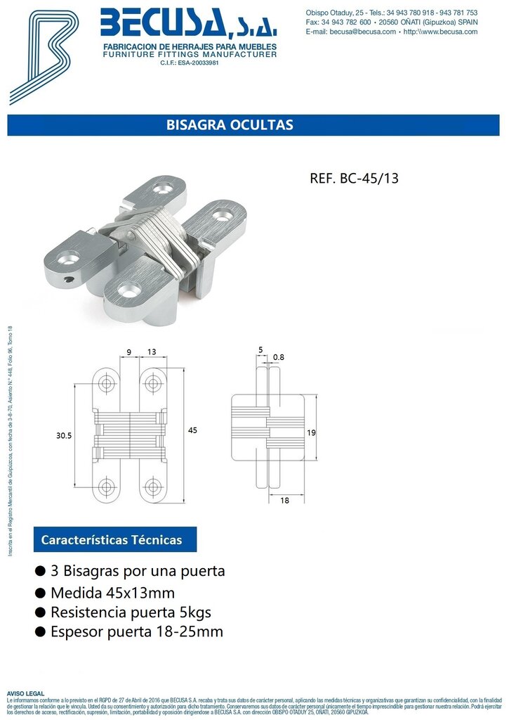 BISAGRA INV. 12,7 X 45 INOX APC 3