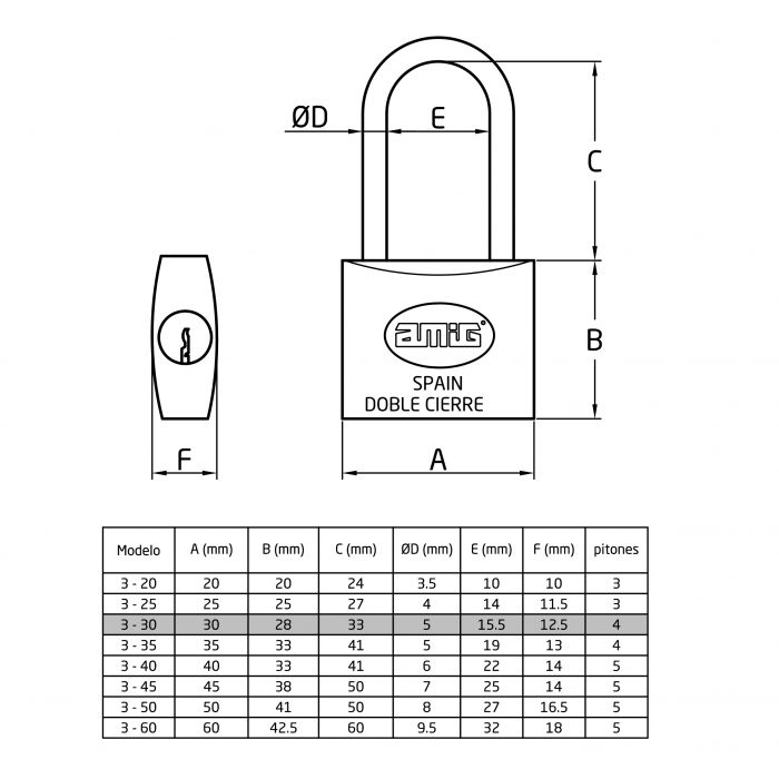CANDADO 3-30 LATON DISPLAY AMIG 2