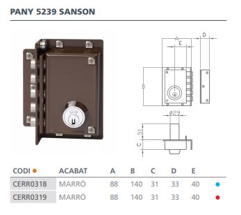 CERRADURA SEGURIDAD CGS SANSON 5239 DERECHA MARRON 5239 DER. 2