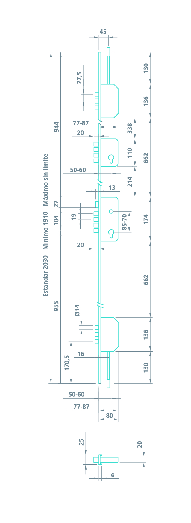 CERRADURA SEGURIDAD EMBUTIR 3 PUNTOS 2000B-3/50-DS15/70D CORTO ESMALTADO ORO 1843745 2