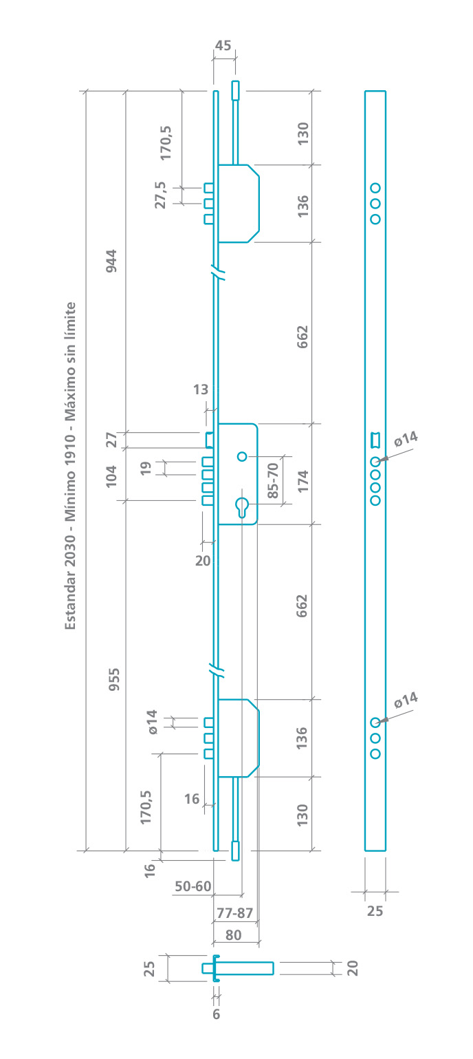 CERRADURA SEGURIDAD EMBUTIR 3 PUNTOS 2000B-3/50-DS15/70D LARGO 45 ESMALTADO ORO 1843748 3