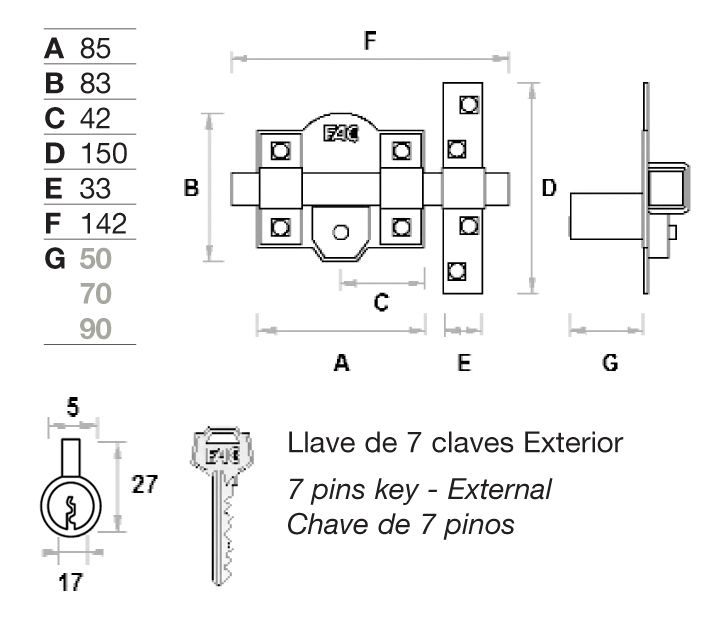 CERROJO 301R/80 CILINDRO 50MM NIQUEL 24012 2