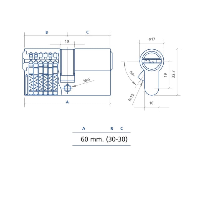 CILINDRO DS15 LATON LLAVE PUNTOS 30-30 1001261 2