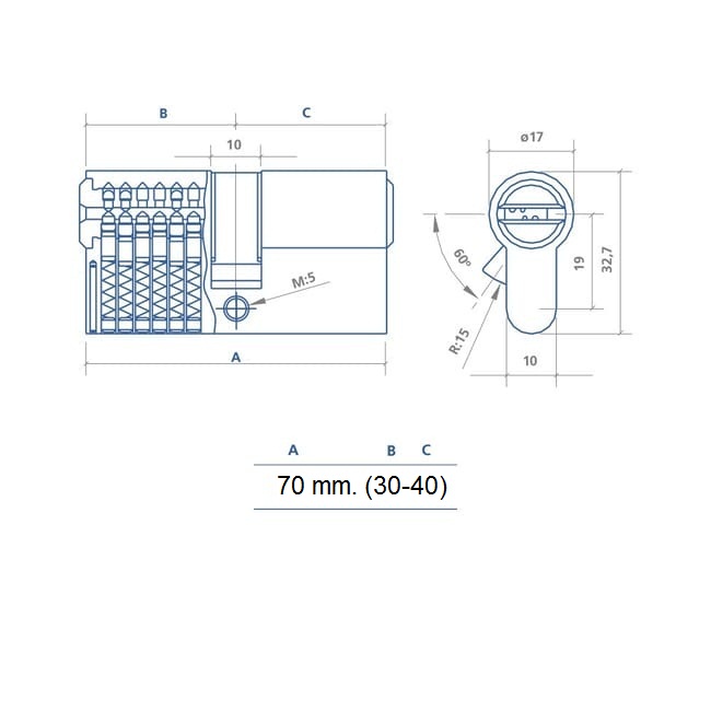 CILINDRO DS15 LATON LLAVE PUNTOS 30-40 1001271 2