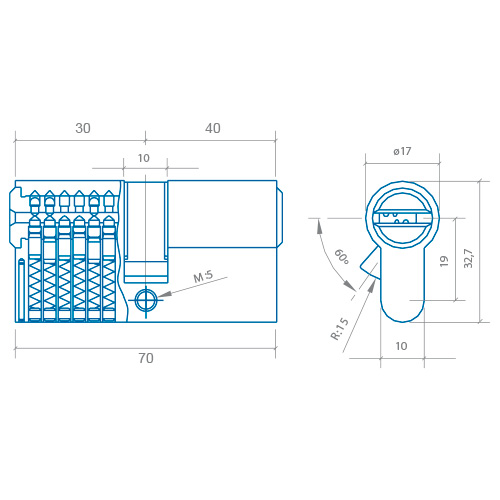CILINDRO DS15 LEVA LARGA 30-40 CROMO MATE, 5 LLAVES 1003271 2