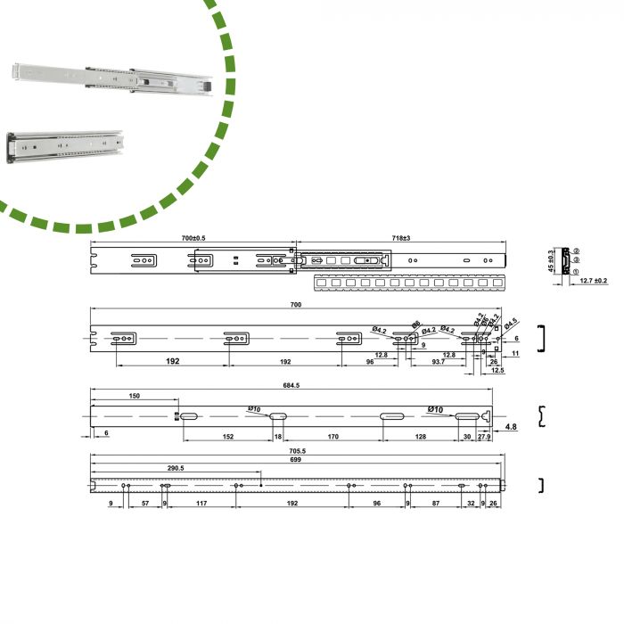 GUIA CAJON CON RODAMIENTOSN.35 700X45 MM 2