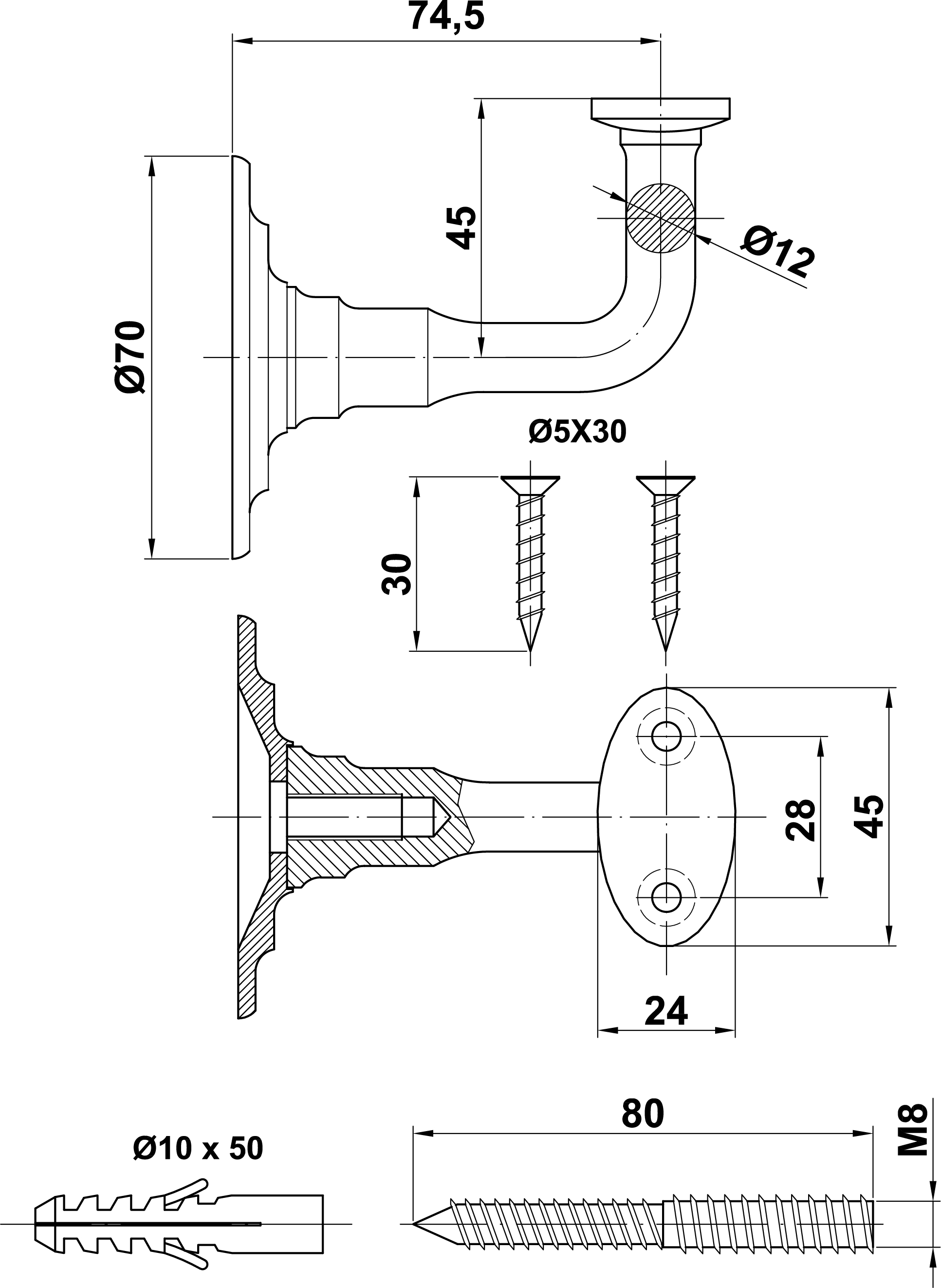 SOPORTE PASAMANO MACIZO   N.22 LATON PUL 2