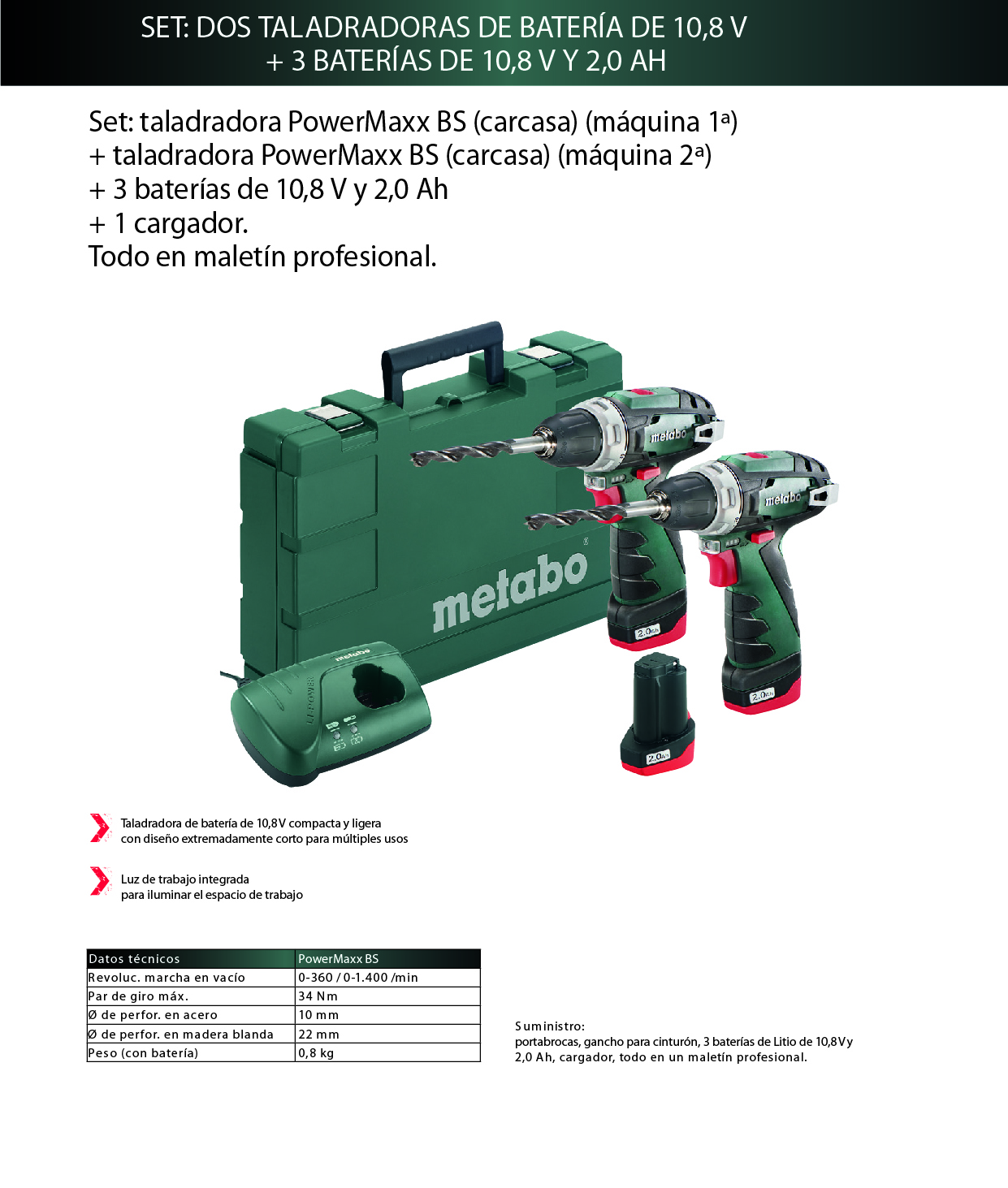 TALADRO COMBO SET.METABO 10,8V- 2 AH 2