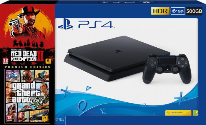 CONSOLA PS4 SLIM 500 GB + RED DEAD 2 + GTA PREMIUM