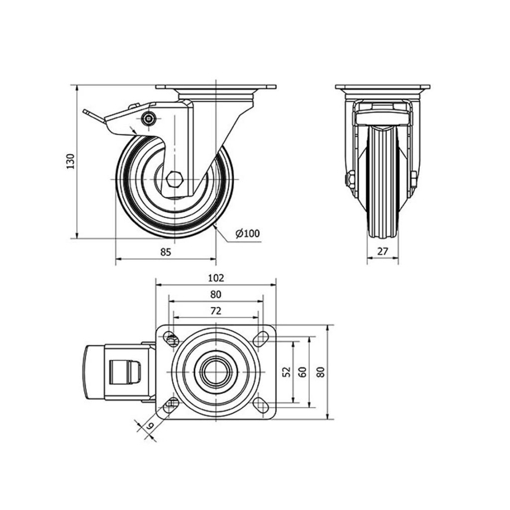 ALEX RUEDAS TW0035 GIRAT.FRENO 100MM GOMA 70 KG