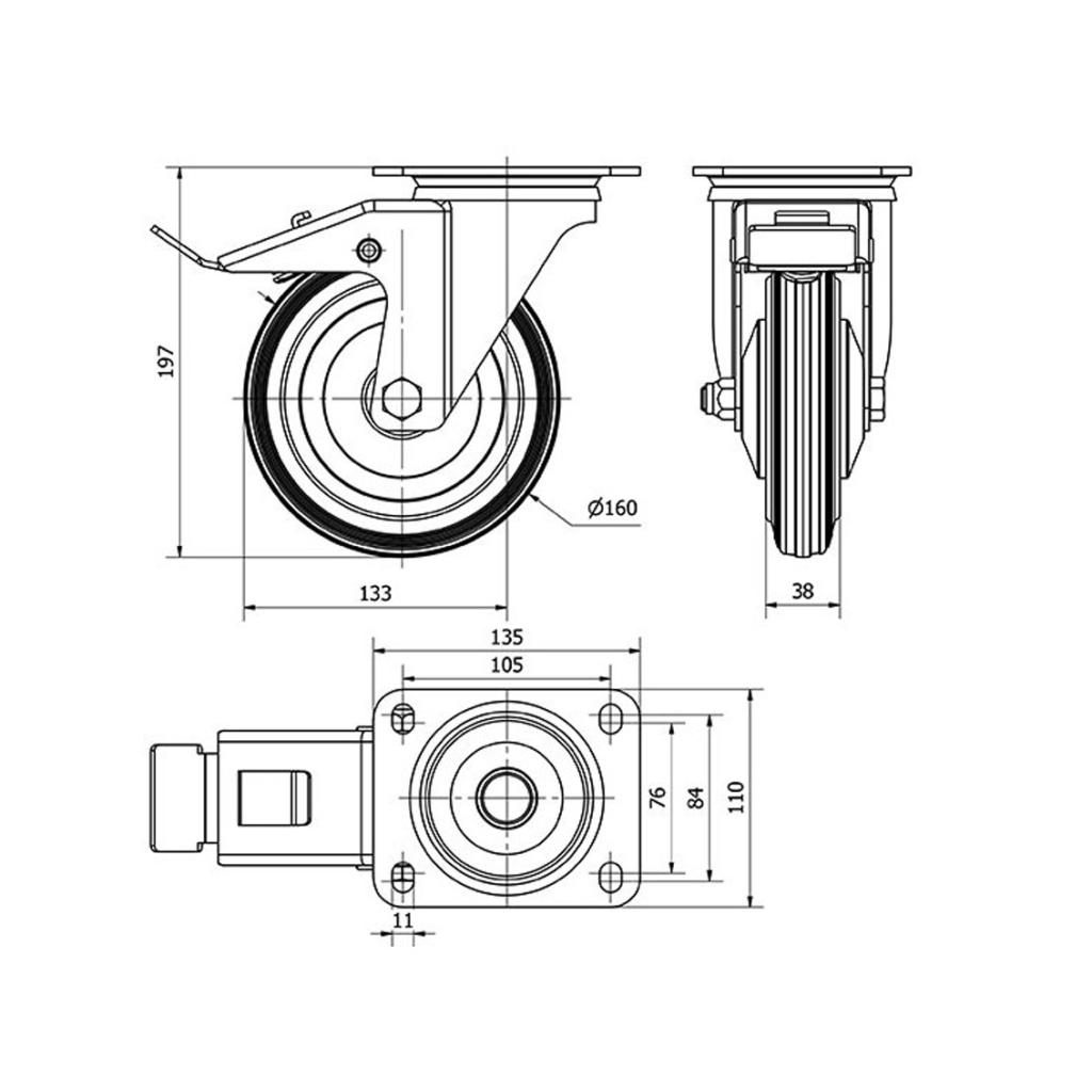 ALEX RUEDAS TW0037 GIRAT.FRENO 160MM GOMA 150 KG