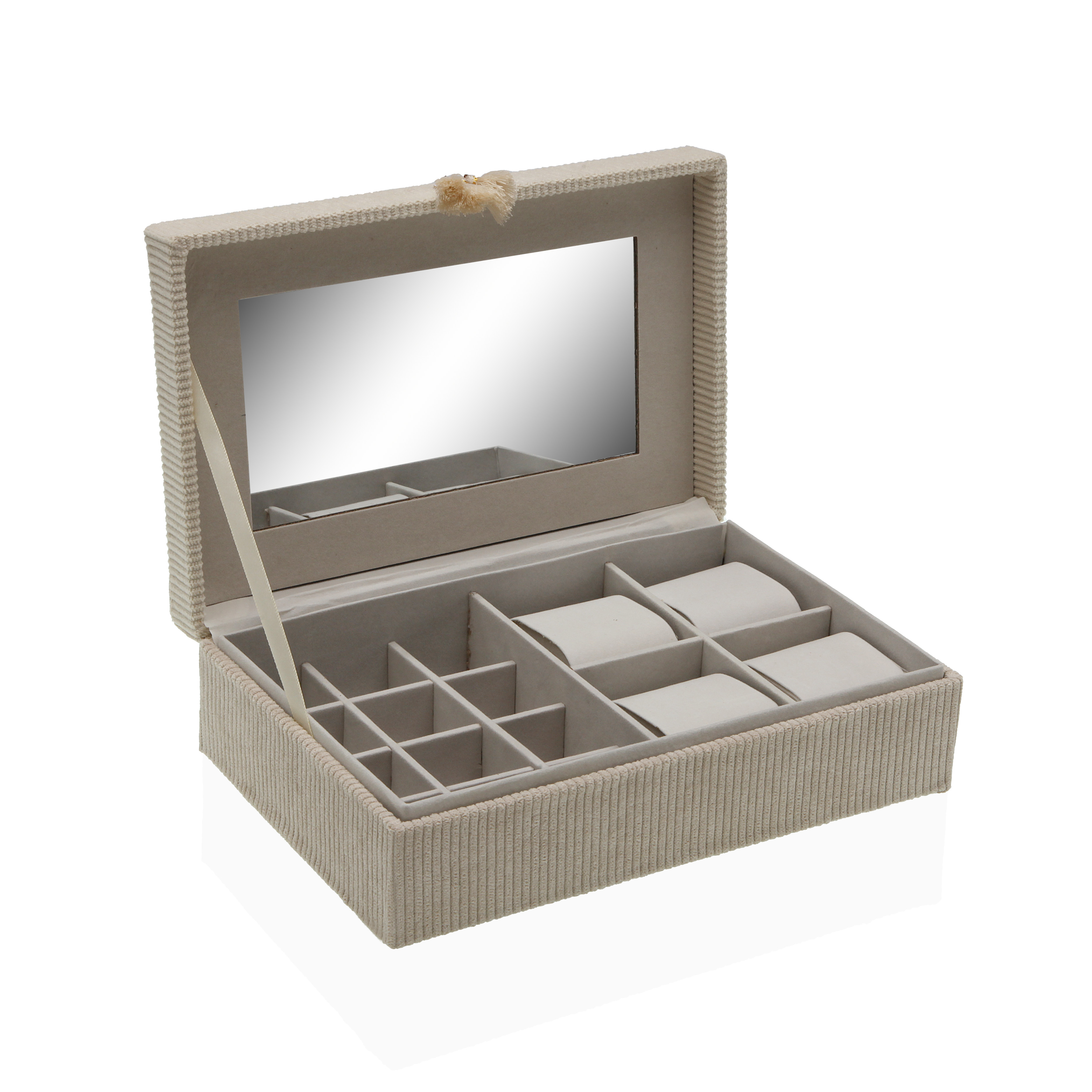 JOYERO DE PANA BEIGE CON ESPEJO 25X16X7.8CM