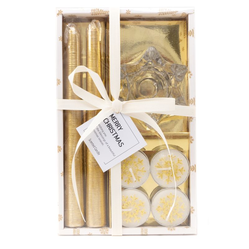 PACK VELAS Y CANDELABRO NAVIDAD ORO