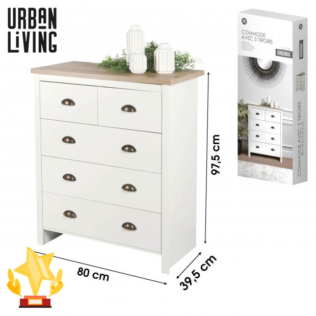 "VIRGINIA"COMMODE AVEC 5 TIROIRS DESIGN 80X39.5X97