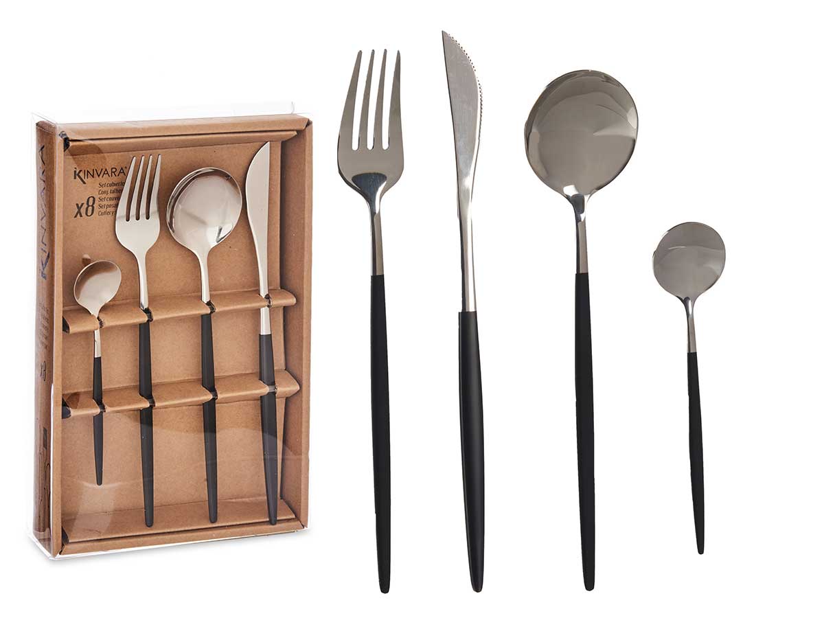 Set cubiertos 8pcs plata negro 24.5x16x5cm