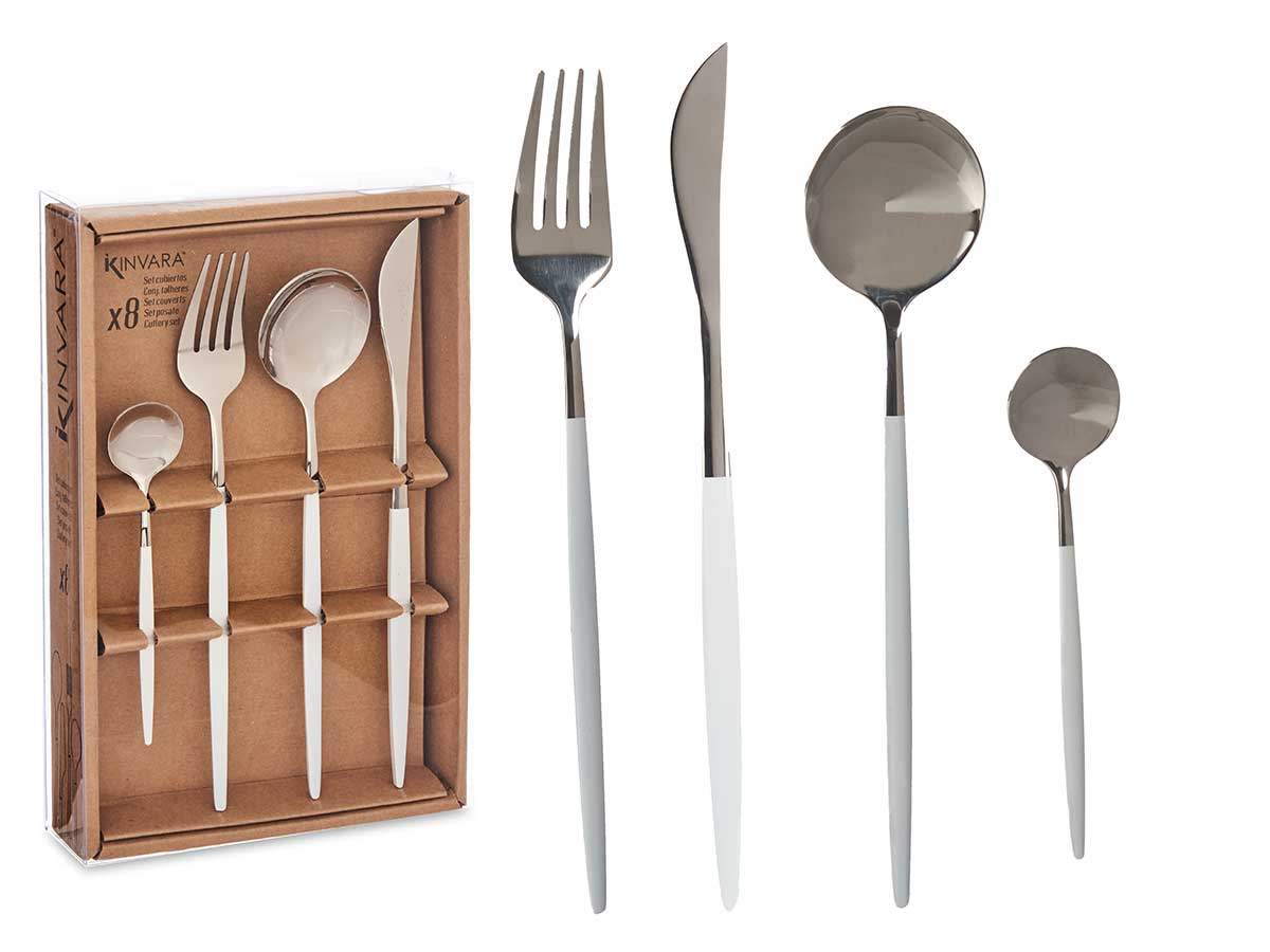 Set cubiertos 8pcs plata blanco 24.5x16x5cm