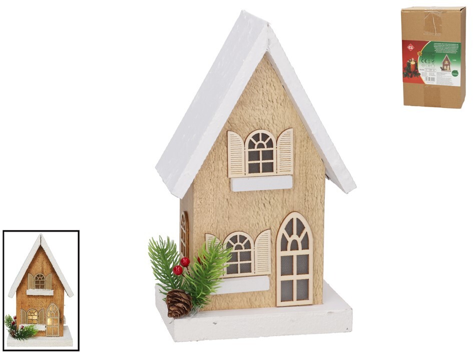CASITA MADERA CON 3 LUCES LEDS 15,5X10X23,5 CM