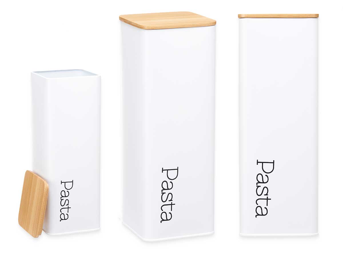 Bote metal alto pasta blanco tapa bambu 8x8x26.5cm