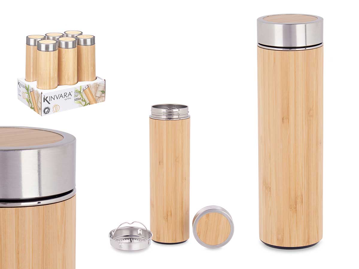 Termo acero bambu 500ml filtro 7x24x7cm