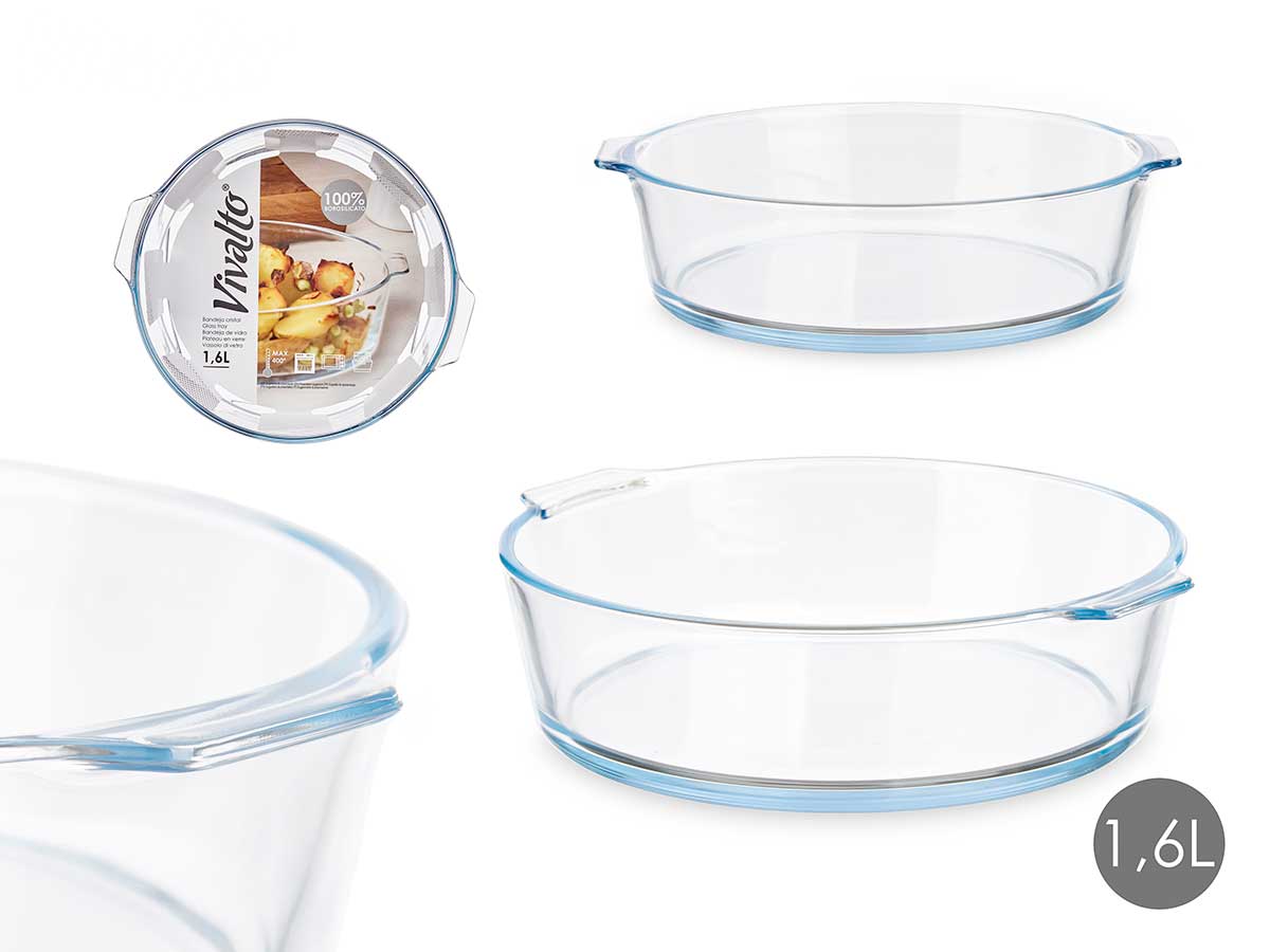 Bandeja borosilicato redonda asas 1600ml 21x23x6cm