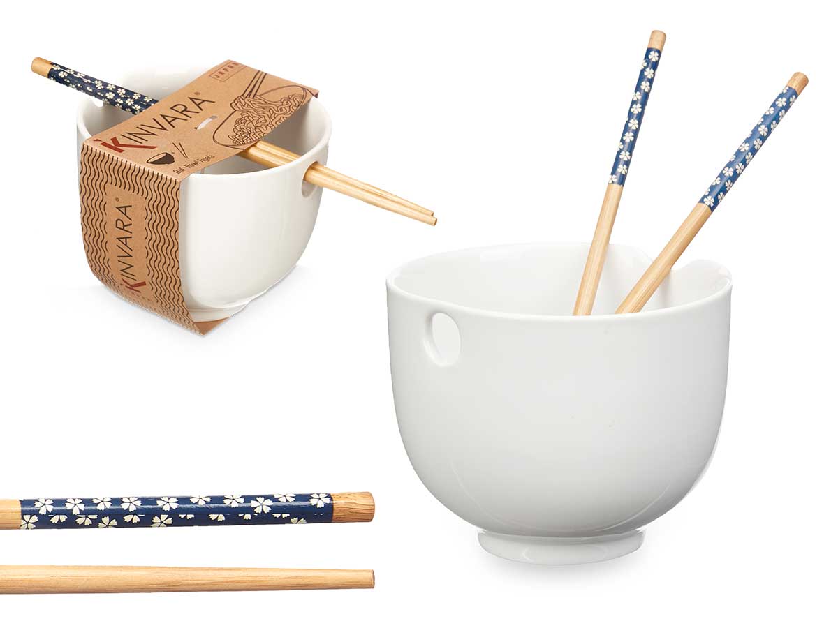 Bowl porcelana asiatico blanco palillos bambu 13.3