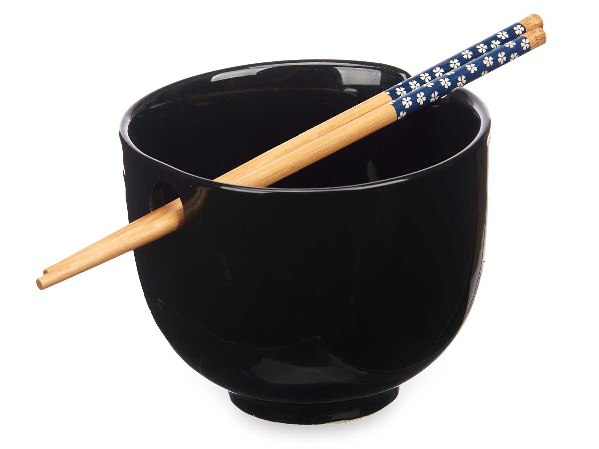 Bowl porcelana asiatico negro palillos bambu 13.3x 2