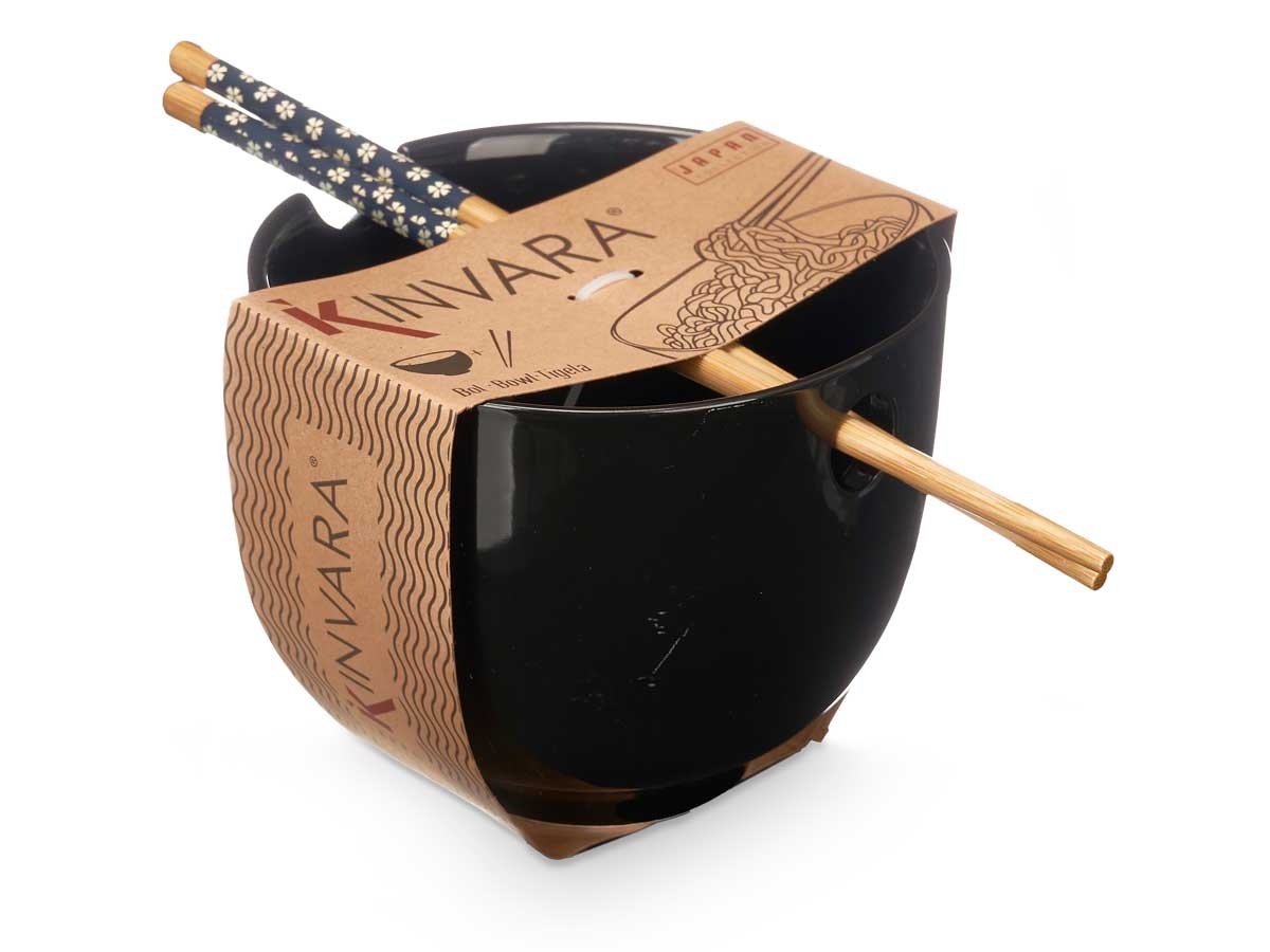 Bowl porcelana asiatico negro palillos bambu 13.3x 3