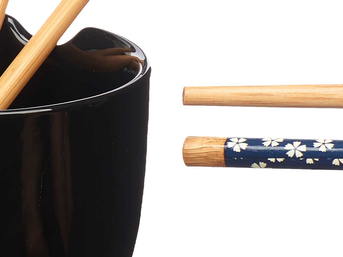 Bowl porcelana asiatico negro palillos bambu 13.3x 4