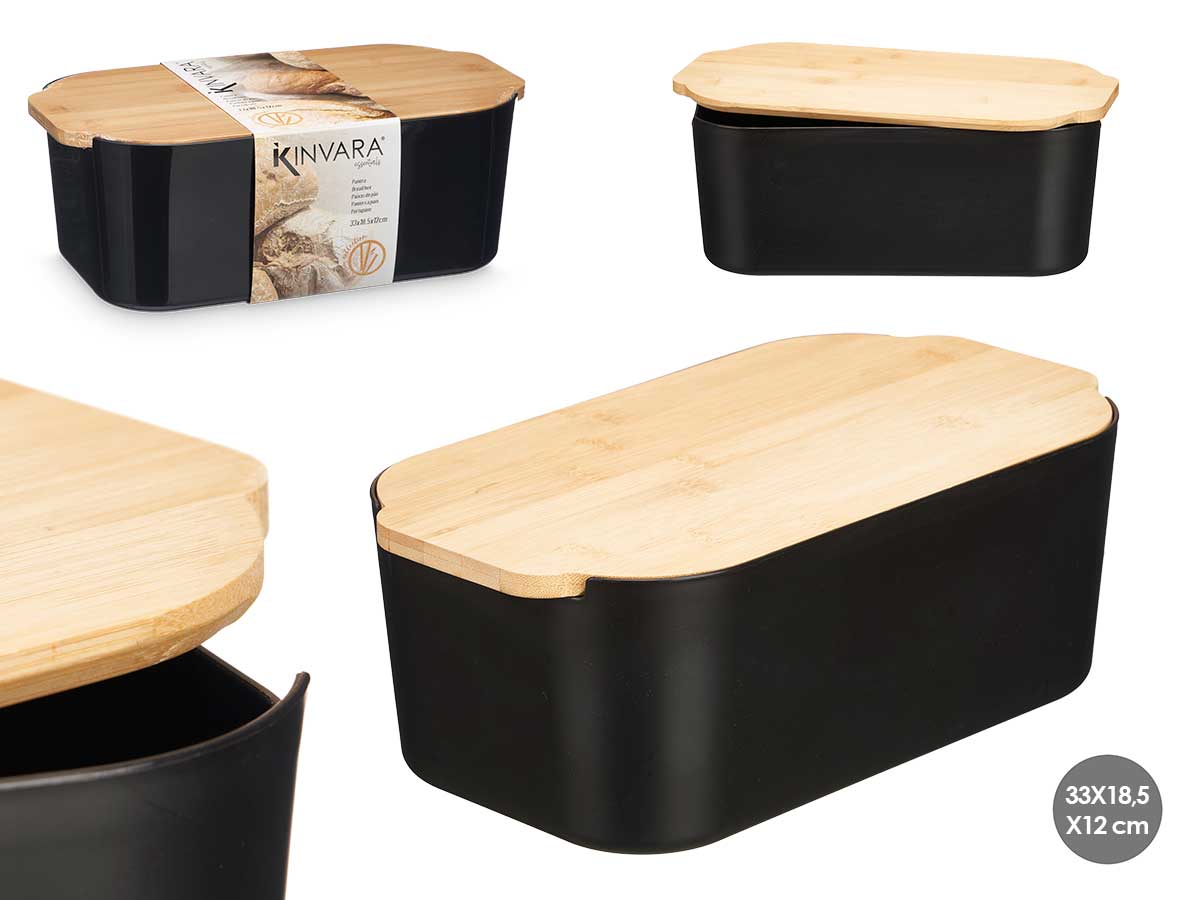 Panera negra tapa bambu 4,5l 18.5x33x12cm