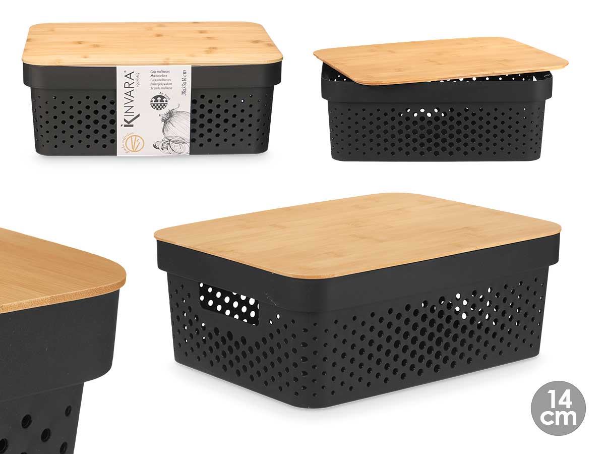 Caja multiusos perforada tapa bambu mdn negra 36x2