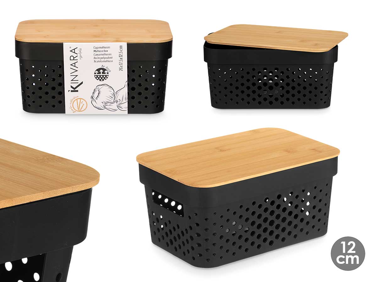 Caja multiusos perforada tapa bambu peq negra 26x1