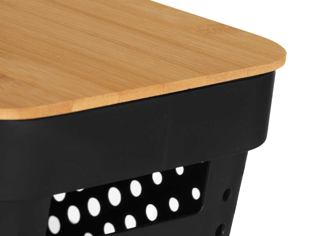 Caja multiusos perforada tapa bambu peq negra 26x1 3