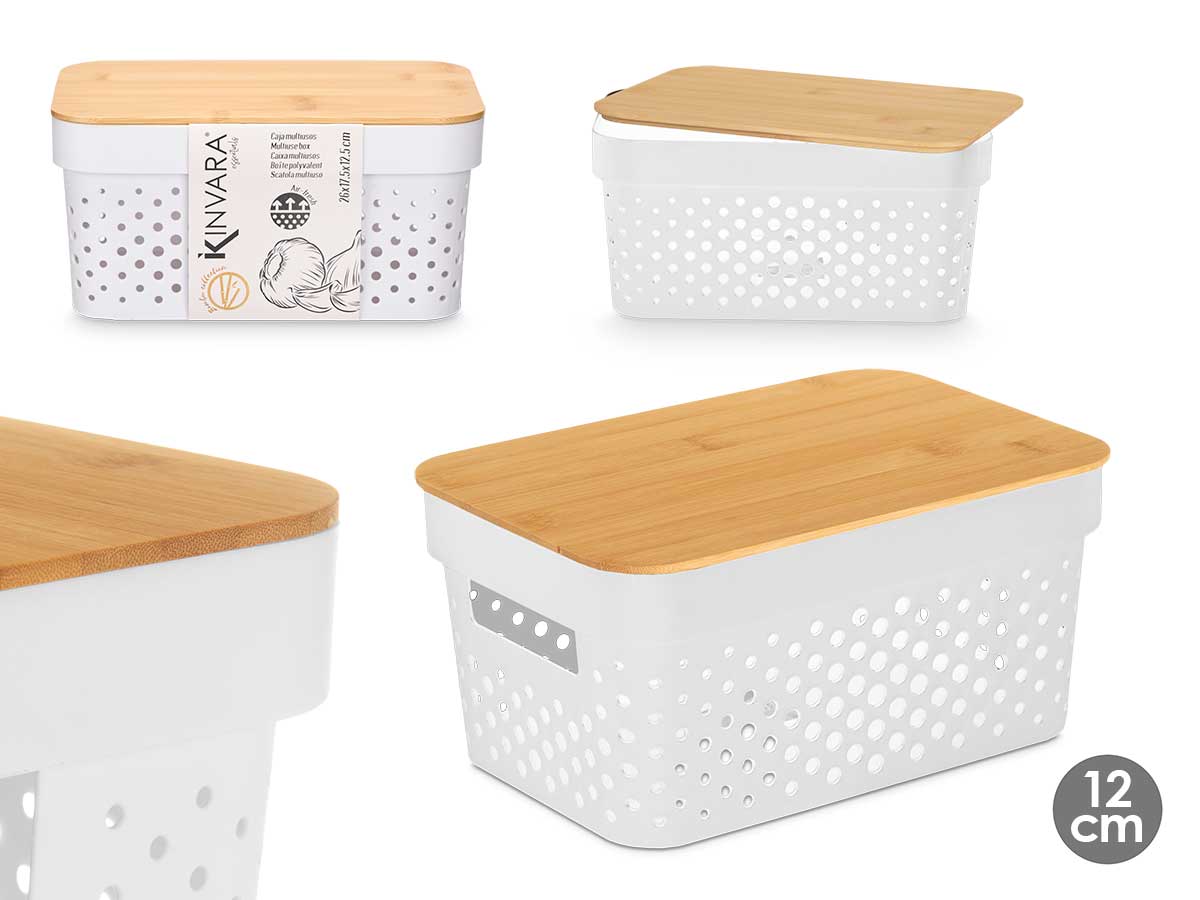 Caja multiusos perforada tapa bambu peq blanc 26x1