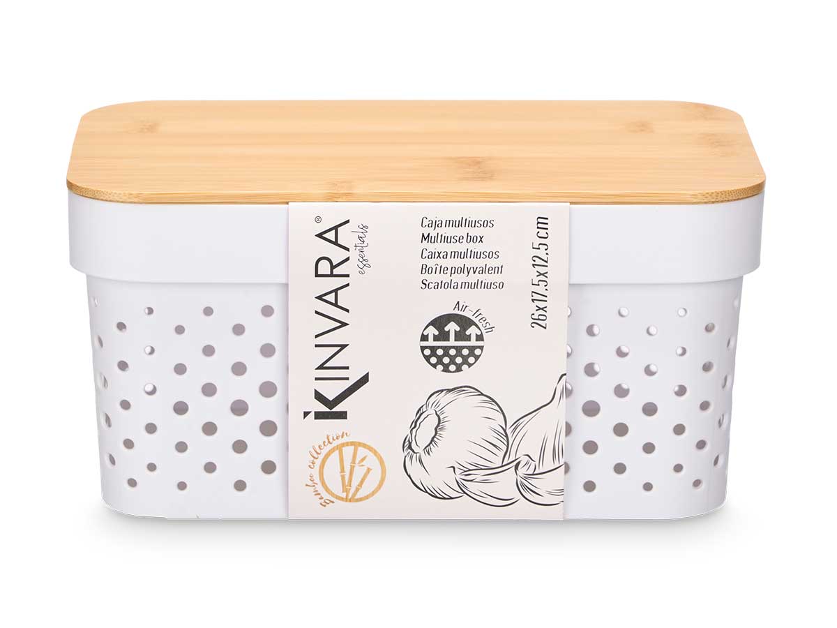 Caja multiusos perforada tapa bambu peq blanc 26x1 2