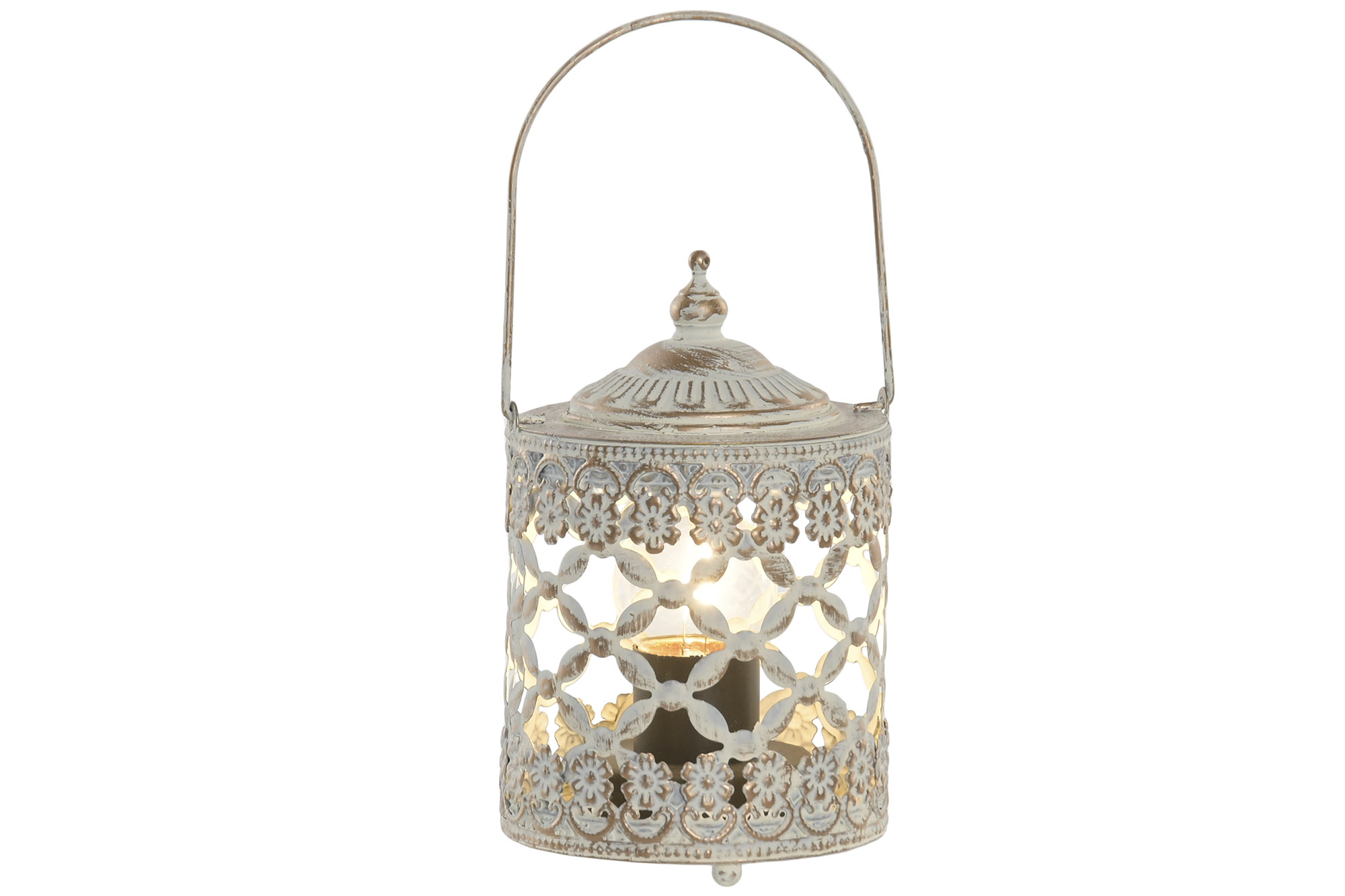 FAROLA METAL CRISTAL 9X9X14,5 ENVEJECIDO BLANCO 2