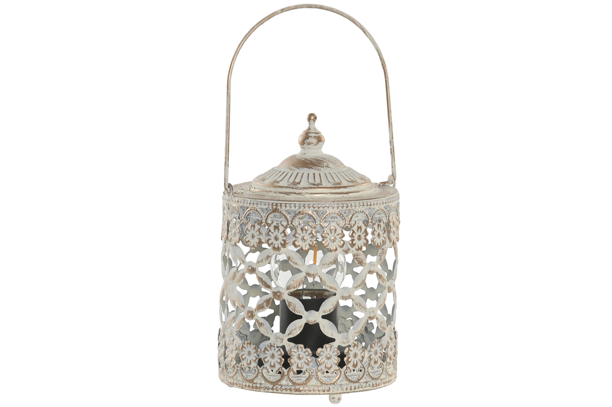 FAROLA METAL CRISTAL 9X9X14,5 ENVEJECIDO BLANCO