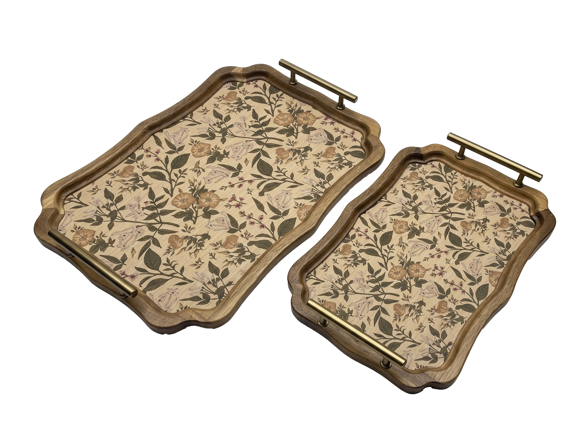 BANDEJA SET 2 ACACIA METAL 43X33X5 FLORES MARRON